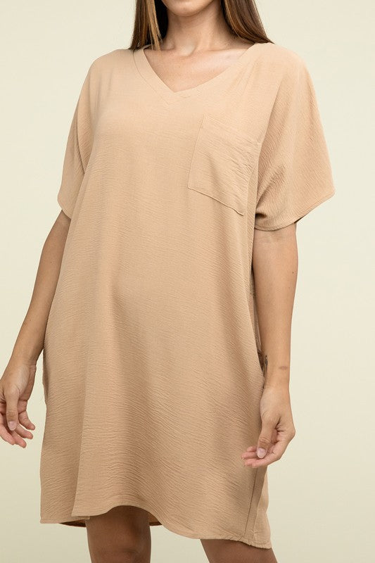 Woven Airflow V Neck T-Shirt Dress with Pockets-Charmful Clothing Boutique