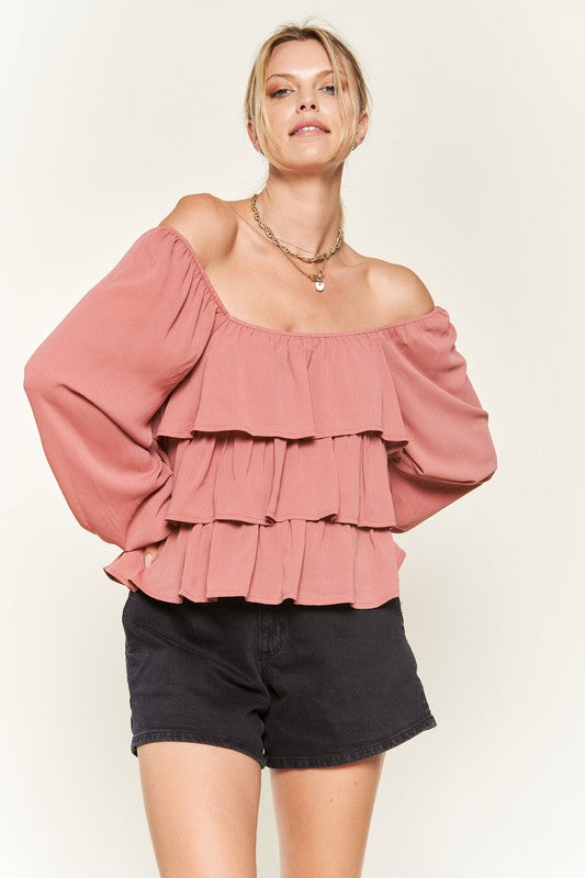 Tiered flounce designed Blouse JJT5023P-Charmful Clothing Boutique