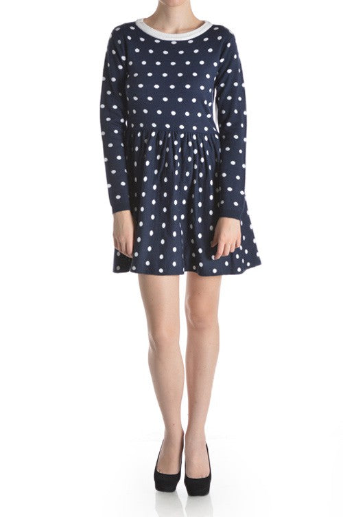 Baby Doll Polka Dot Patterned Sweater Dress-Charmful Clothing Boutique