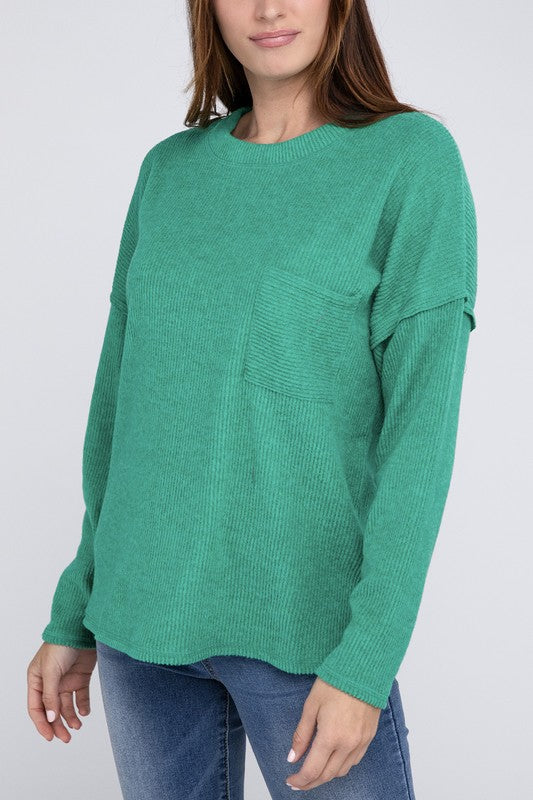 Ribbed Brushed Melange Hacci Sweater with a Pocket-Charmful Clothing Boutique