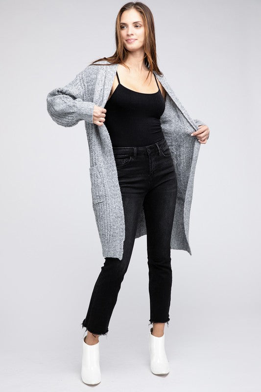 Twist Knitted Open Front Cardigan With Pockets-Charmful Clothing Boutique