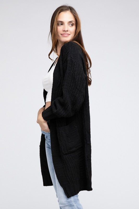 Twist Knitted Open Front Cardigan With Pockets-Charmful Clothing Boutique