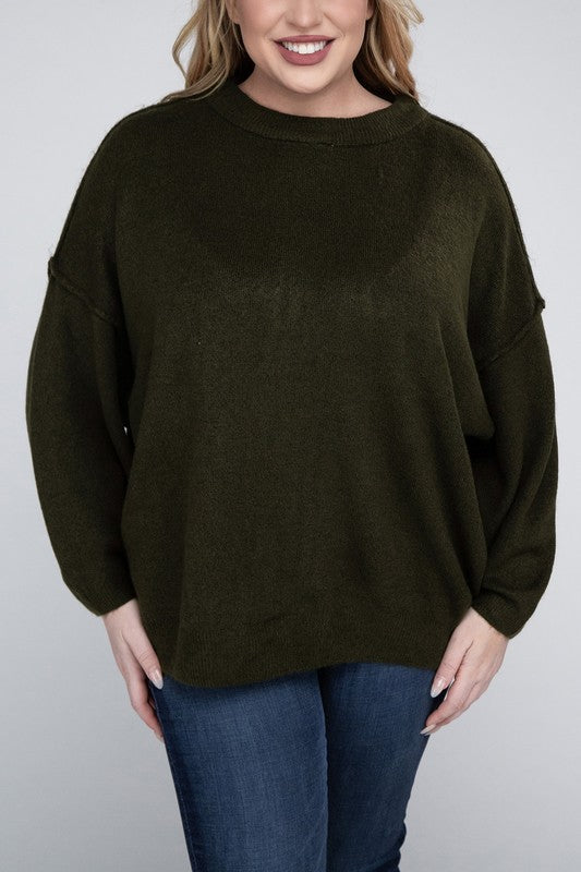 Plus Oversized Round Neck Raw Seam Melange Sweater-Charmful Clothing Boutique