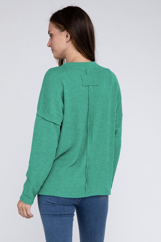 Ribbed Brushed Melange Hacci Sweater with a Pocket-Charmful Clothing Boutique