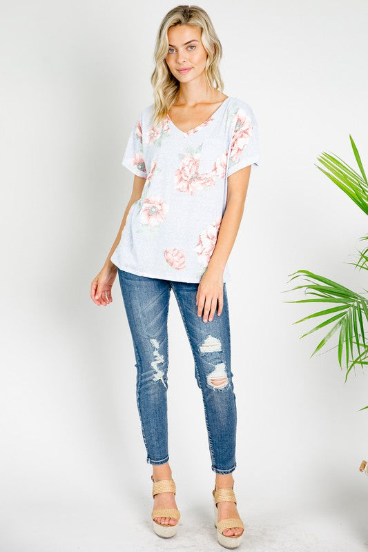 PLUS TRIBLEND FLORAL V NECK TOP-Charmful Clothing Boutique