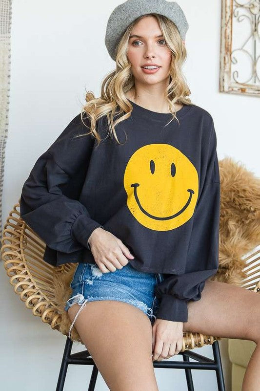 SMILEY FACE LONG SLEEVE CROP TOP PLUS KRT1405P-Charmful Clothing Boutique