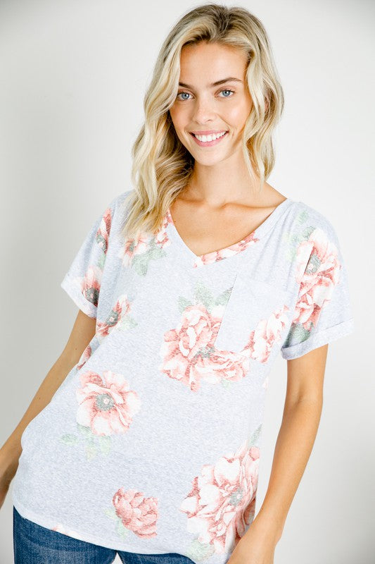 PLUS TRIBLEND FLORAL V NECK TOP-Charmful Clothing Boutique