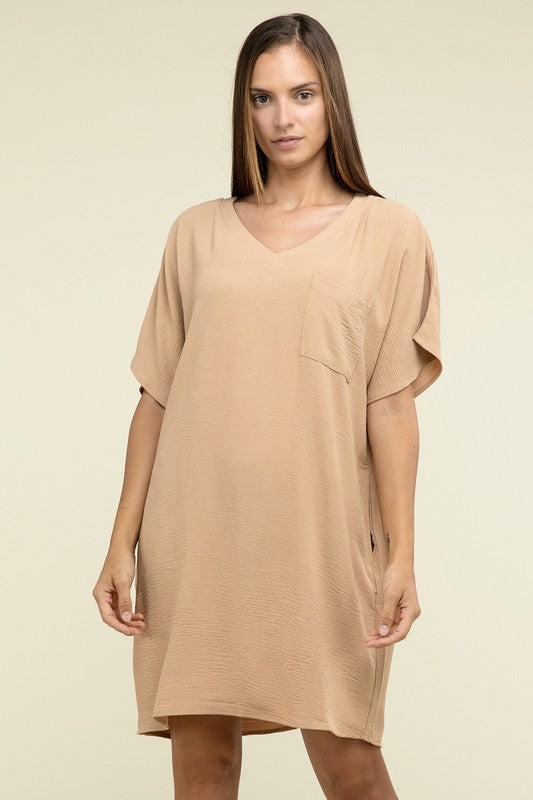 Woven Airflow V Neck T-Shirt Dress with Pockets-Charmful Clothing Boutique