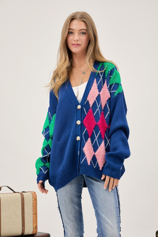 Plush Argyle Button Front Loose Fit Knit Cardigan-Charmful Clothing Boutique