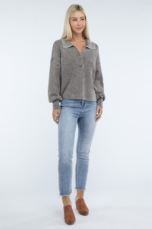 Washed Collared Henley Sweater-Charmful Clothing Boutique