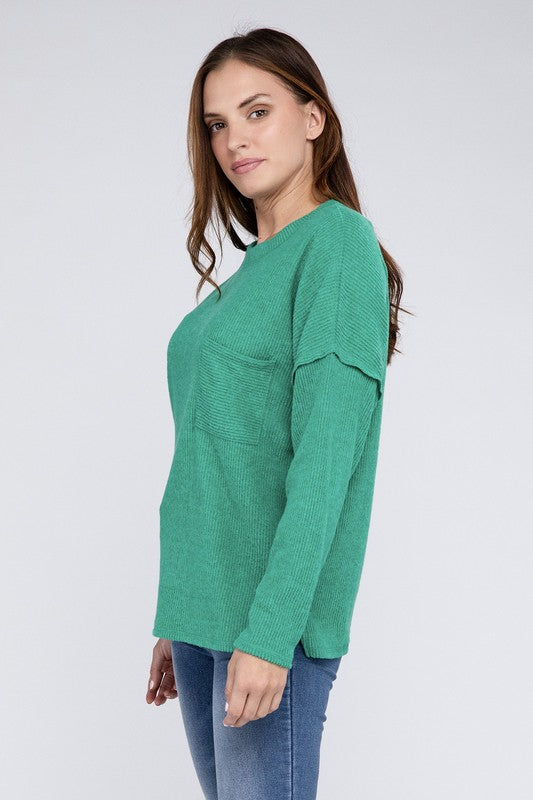 Ribbed Brushed Melange Hacci Sweater with a Pocket-Charmful Clothing Boutique