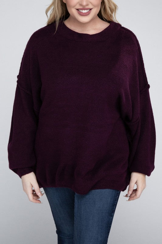 Plus Oversized Round Neck Raw Seam Melange Sweater-Charmful Clothing Boutique