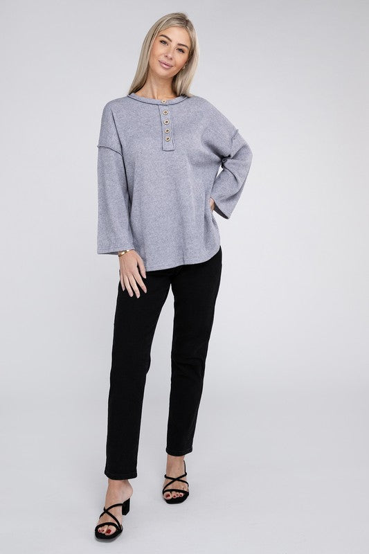 Ribbed Brushed Melange Hacci Henley Sweater-Charmful Clothing Boutique