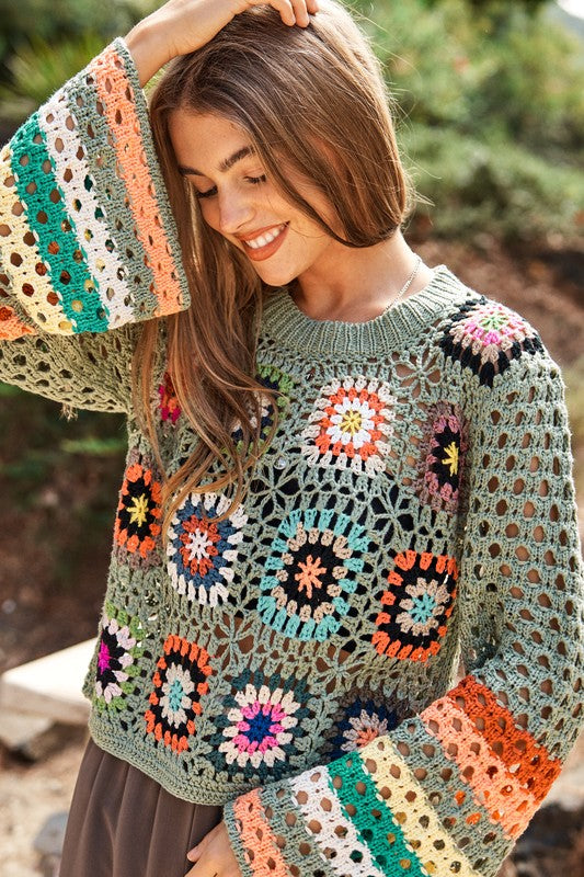 Floral Crochet Striped Sleeve Cropped Knit Sweater-Charmful Clothing Boutique