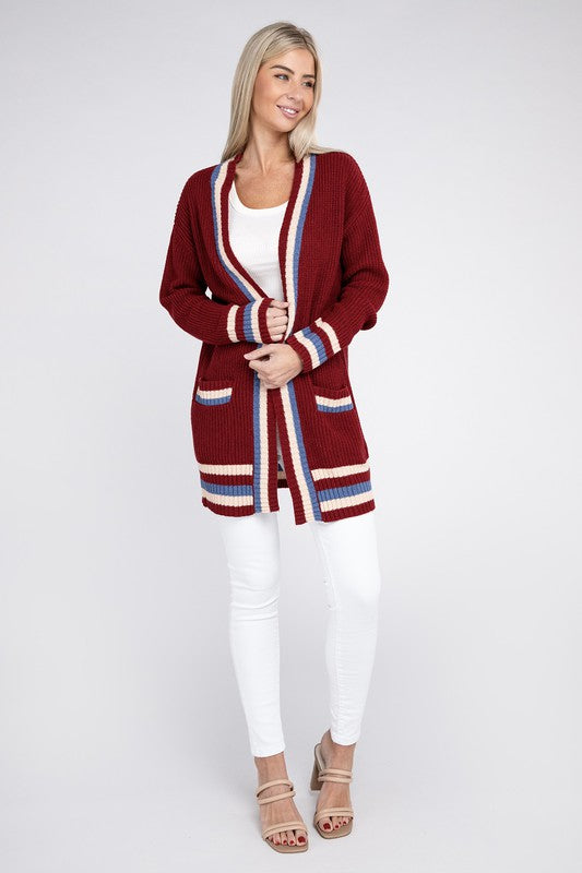 Open cardigan with contrast trim-Charmful Clothing Boutique