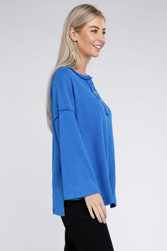 Ribbed Brushed Melange Hacci Henley Sweater-Charmful Clothing Boutique