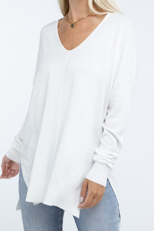 Hi-Low Hem Front Seam Sweater-Charmful Clothing Boutique