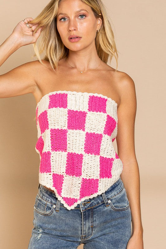 Checkerboard Pattern Tube Top Sweater-Charmful Clothing Boutique