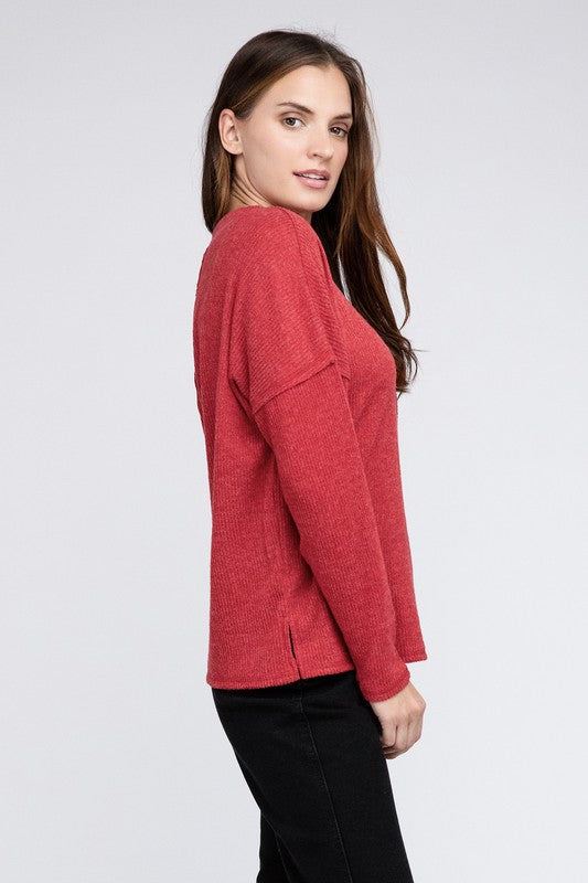 Ribbed Brushed Melange Hacci Sweater with a Pocket-Charmful Clothing Boutique