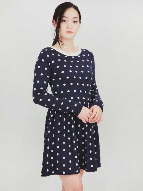 Baby Doll Polka Dot Patterned Sweater Dress-Charmful Clothing Boutique