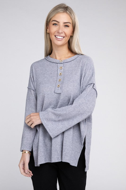 Ribbed Brushed Melange Hacci Henley Sweater-Charmful Clothing Boutique