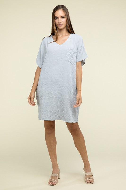 Woven Airflow V Neck T-Shirt Dress with Pockets-Charmful Clothing Boutique