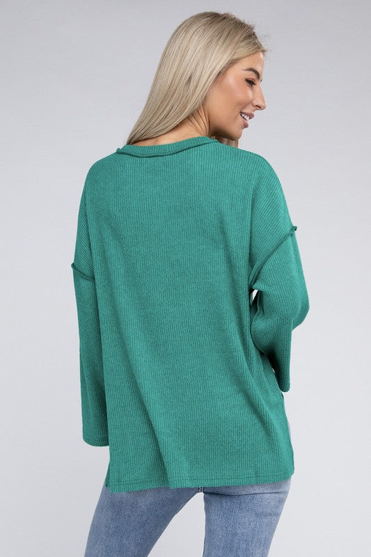 Ribbed Brushed Melange Hacci Henley Sweater-Charmful Clothing Boutique