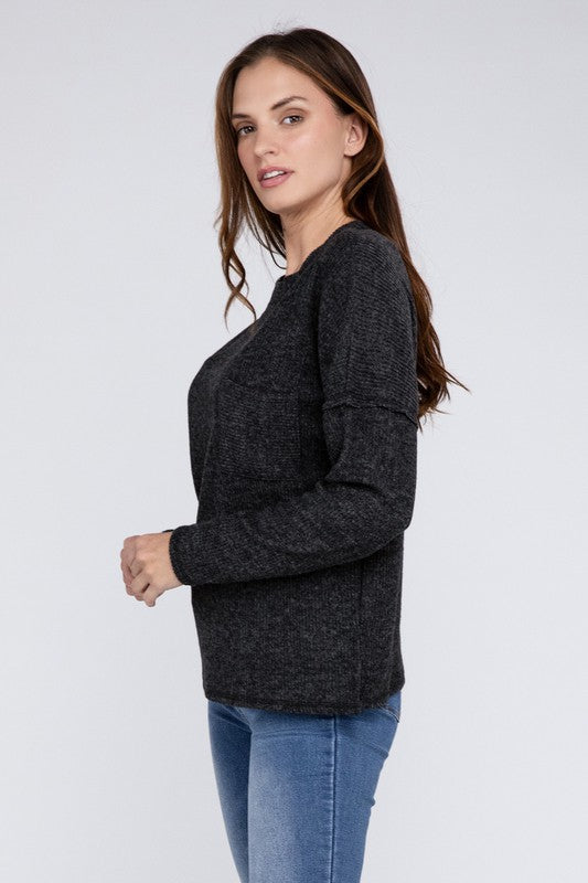 Ribbed Brushed Melange Hacci Sweater with a Pocket-Charmful Clothing Boutique