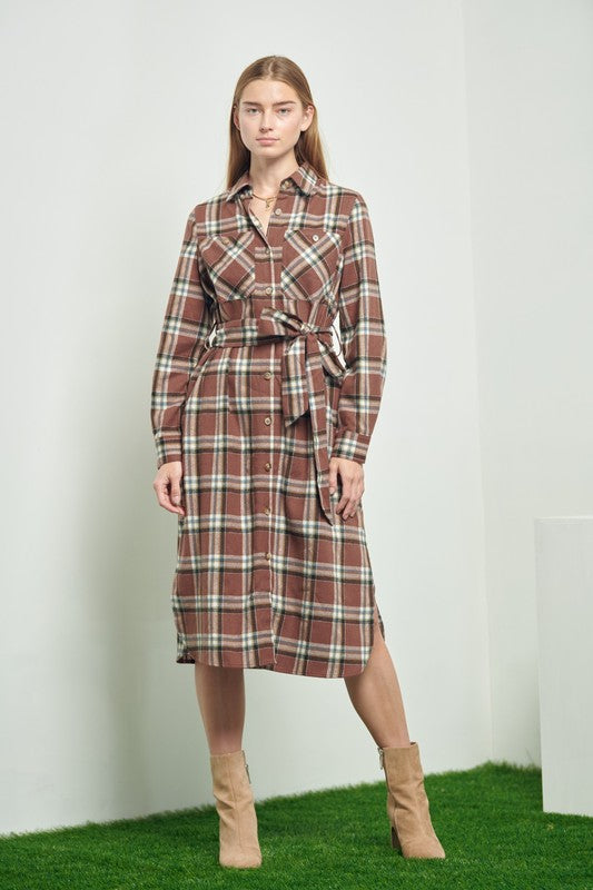 PLAID PRINT COLLAR LONG SHIRT DRESS-Charmful Clothing Boutique