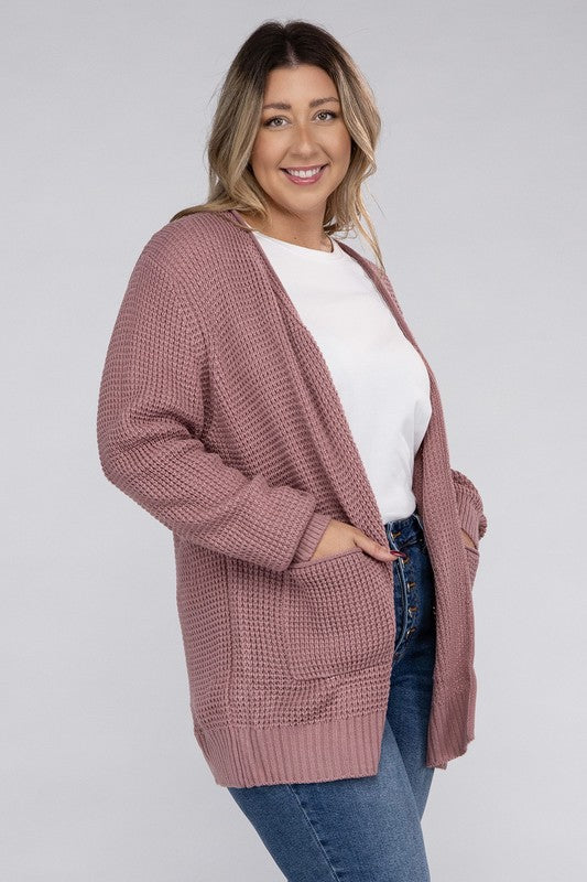 Plus Low Gauge Waffle Open Cardigan Sweater-Charmful Clothing Boutique