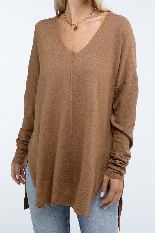 Hi-Low Hem Front Seam Sweater-Charmful Clothing Boutique