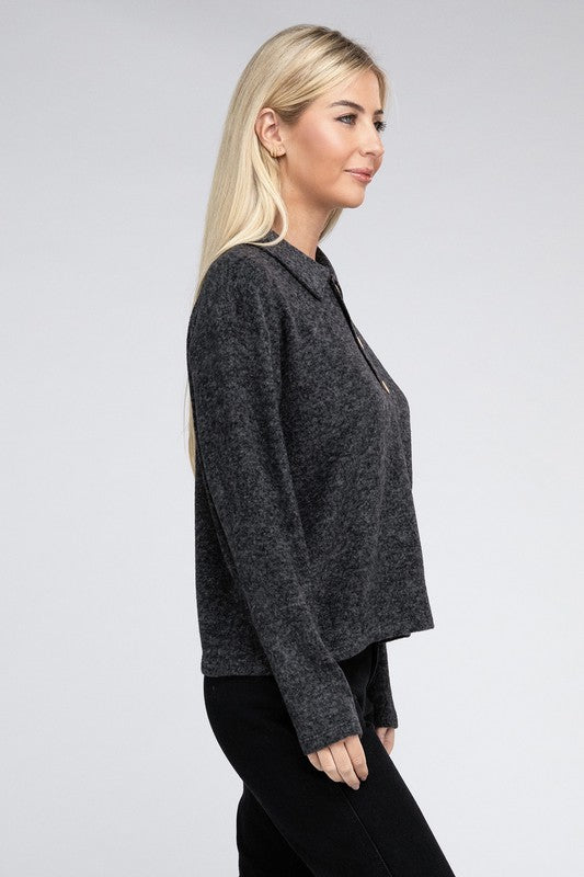 Brushed Melange Hacci Collared Sweater-Charmful Clothing Boutique