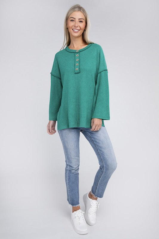 Ribbed Brushed Melange Hacci Henley Sweater-Charmful Clothing Boutique