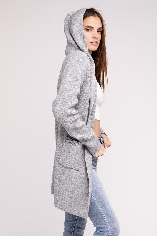 Hooded Open Front Sweater Cardigan-Charmful Clothing Boutique