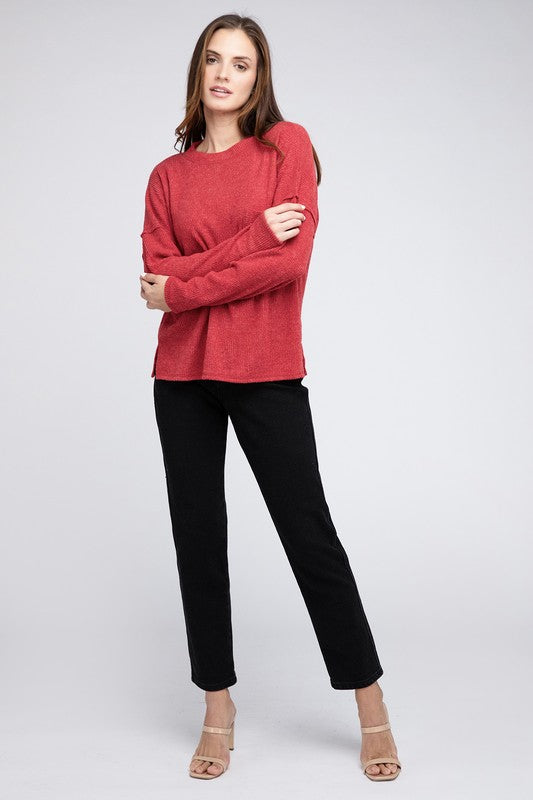 Ribbed Brushed Melange Hacci Sweater with a Pocket-Charmful Clothing Boutique