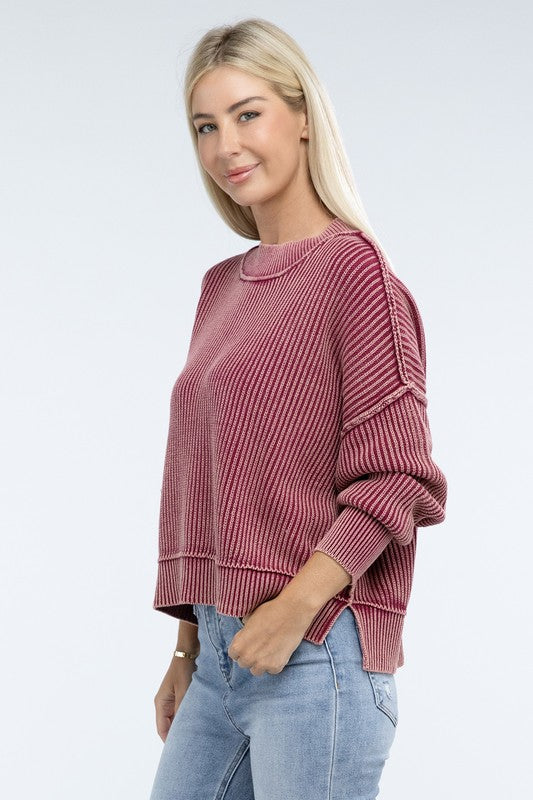 Washed Side Slit Oversized Cropped Sweater-Charmful Clothing Boutique