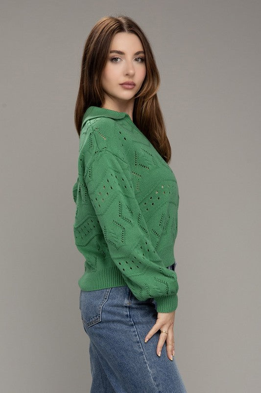 Hole-knit collared sweater-Charmful Clothing Boutique