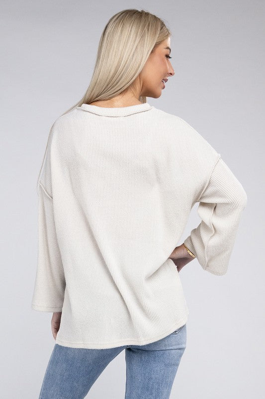 Ribbed Brushed Melange Hacci Henley Sweater-Charmful Clothing Boutique