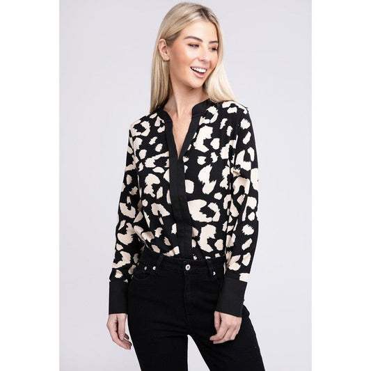 Leopard Notched Neck Blouse-Charmful Clothing Boutique