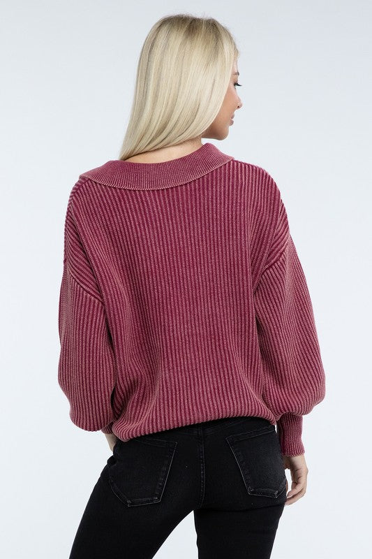 Washed Collared Henley Sweater-Charmful Clothing Boutique