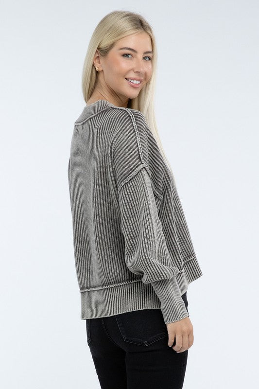 Washed Side Slit Oversized Cropped Sweater-Charmful Clothing Boutique