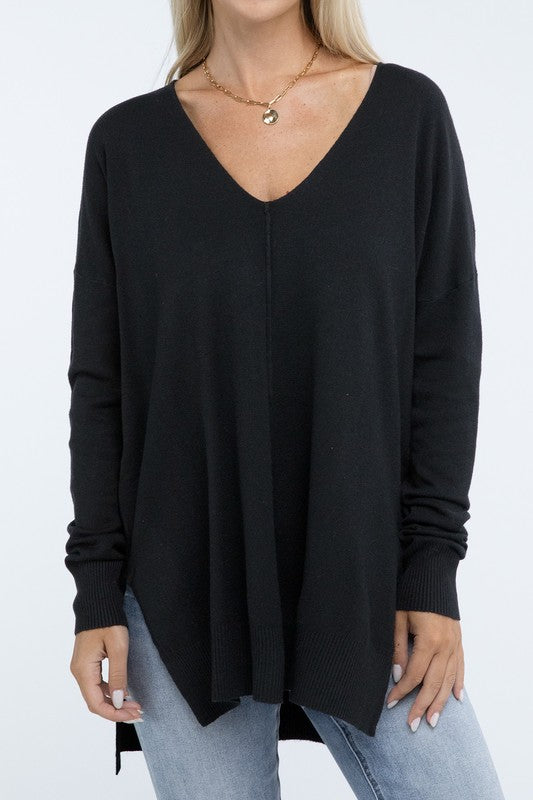 Hi-Low Hem Front Seam Sweater-Charmful Clothing Boutique