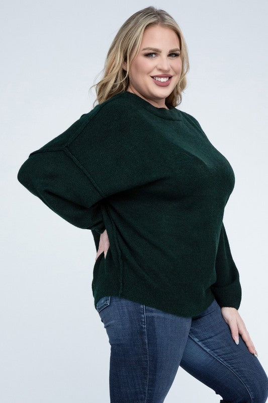 Plus Oversized Round Neck Raw Seam Melange Sweater-Charmful Clothing Boutique