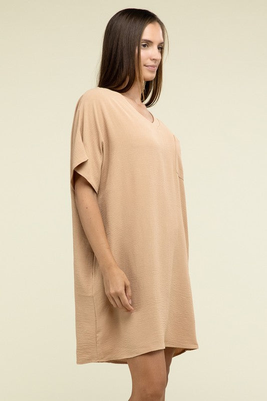 Woven Airflow V Neck T-Shirt Dress with Pockets-Charmful Clothing Boutique