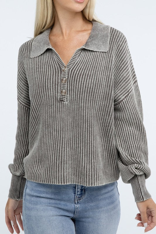 Washed Collared Henley Sweater-Charmful Clothing Boutique