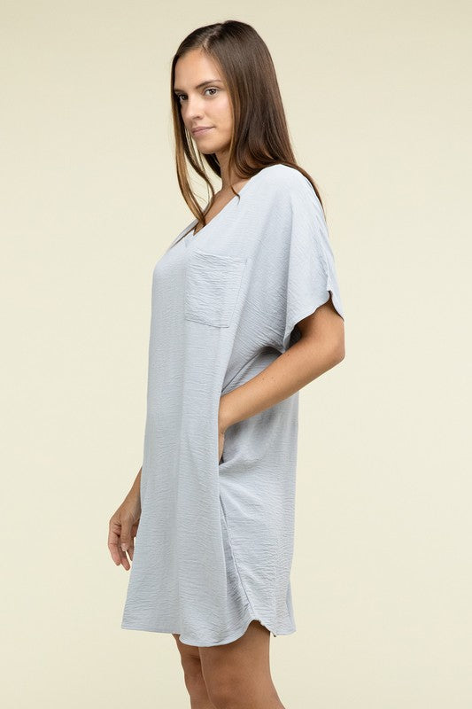 Woven Airflow V Neck T-Shirt Dress with Pockets-Charmful Clothing Boutique