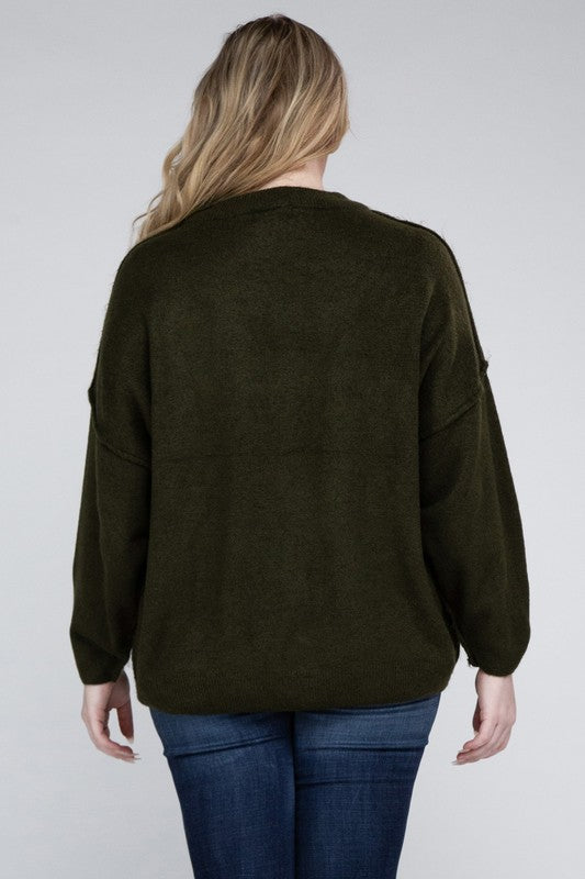 Plus Oversized Round Neck Raw Seam Melange Sweater-Charmful Clothing Boutique