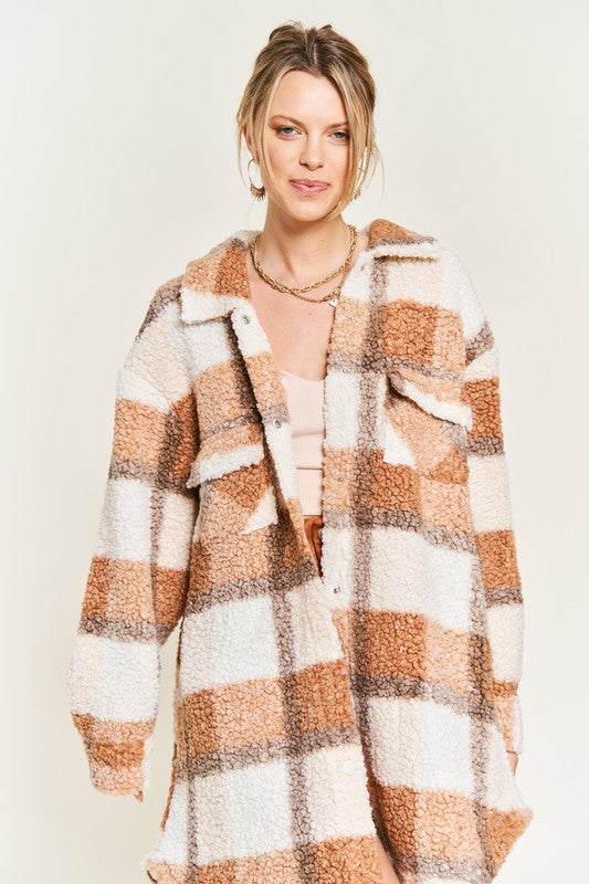 Fuzzy plaid teddy jacket PLUS-Charmful Clothing Boutique