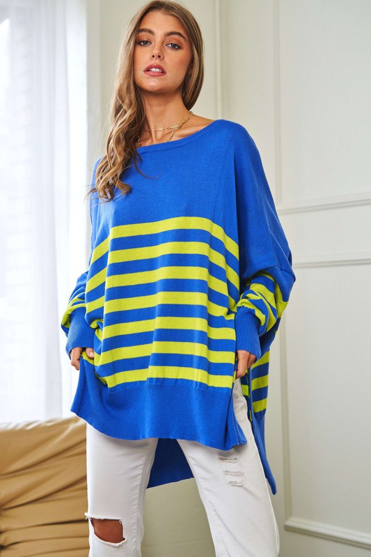 Multi Striped Elbow Patch Loose Fit Sweater Top-Charmful Clothing Boutique