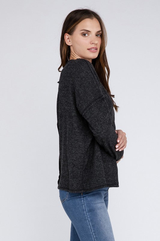 Ribbed Brushed Melange Hacci Sweater with a Pocket-Charmful Clothing Boutique